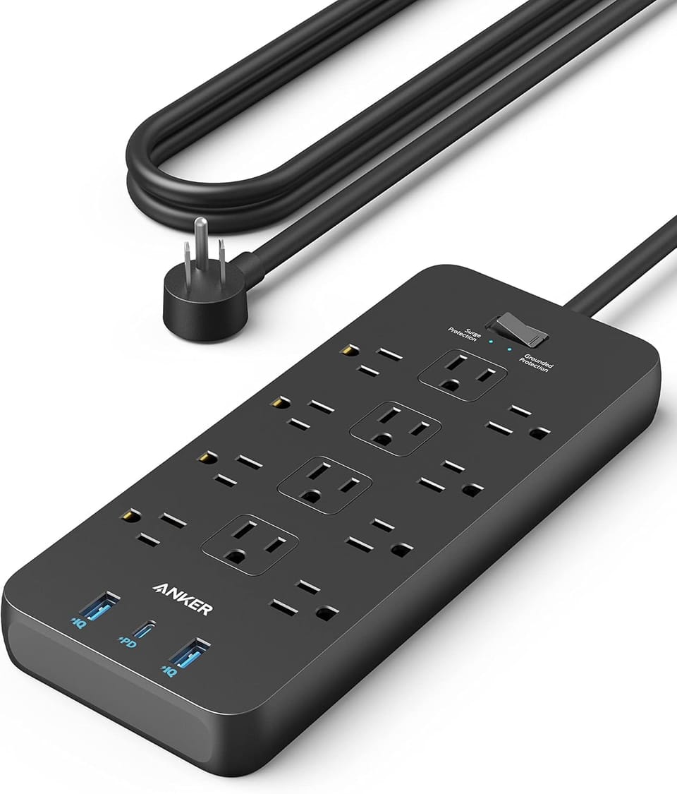 Anker power strip with 12 outlets, USB-C charging, USB-A ports, and surge protection.